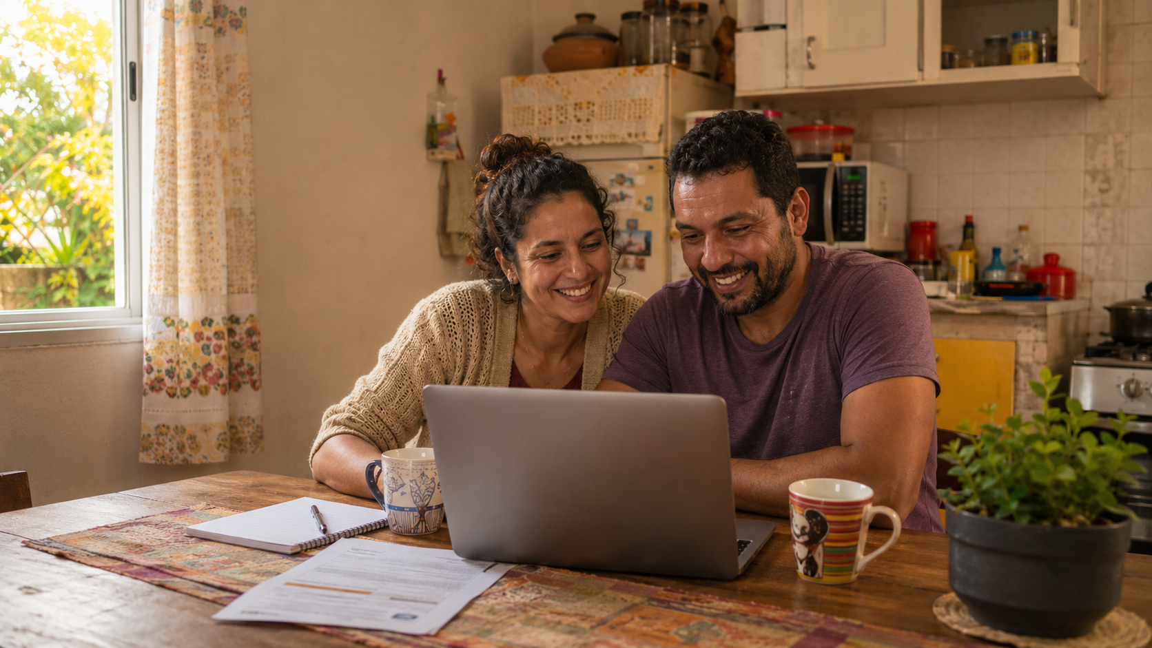 Casal revisando dívidas no aplicativo do banco no domingo de manhã